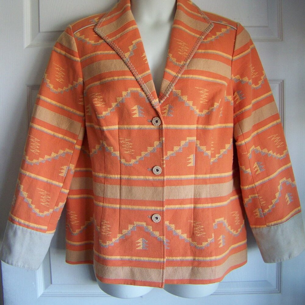 Coldwater Creek Blazer Orange Native American Print Three Button Long Sleeve
